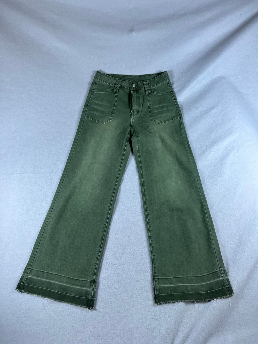 Womens Wide Leg High Rise Denim Pants L Olive Green Raw Hem Relaxed Washed